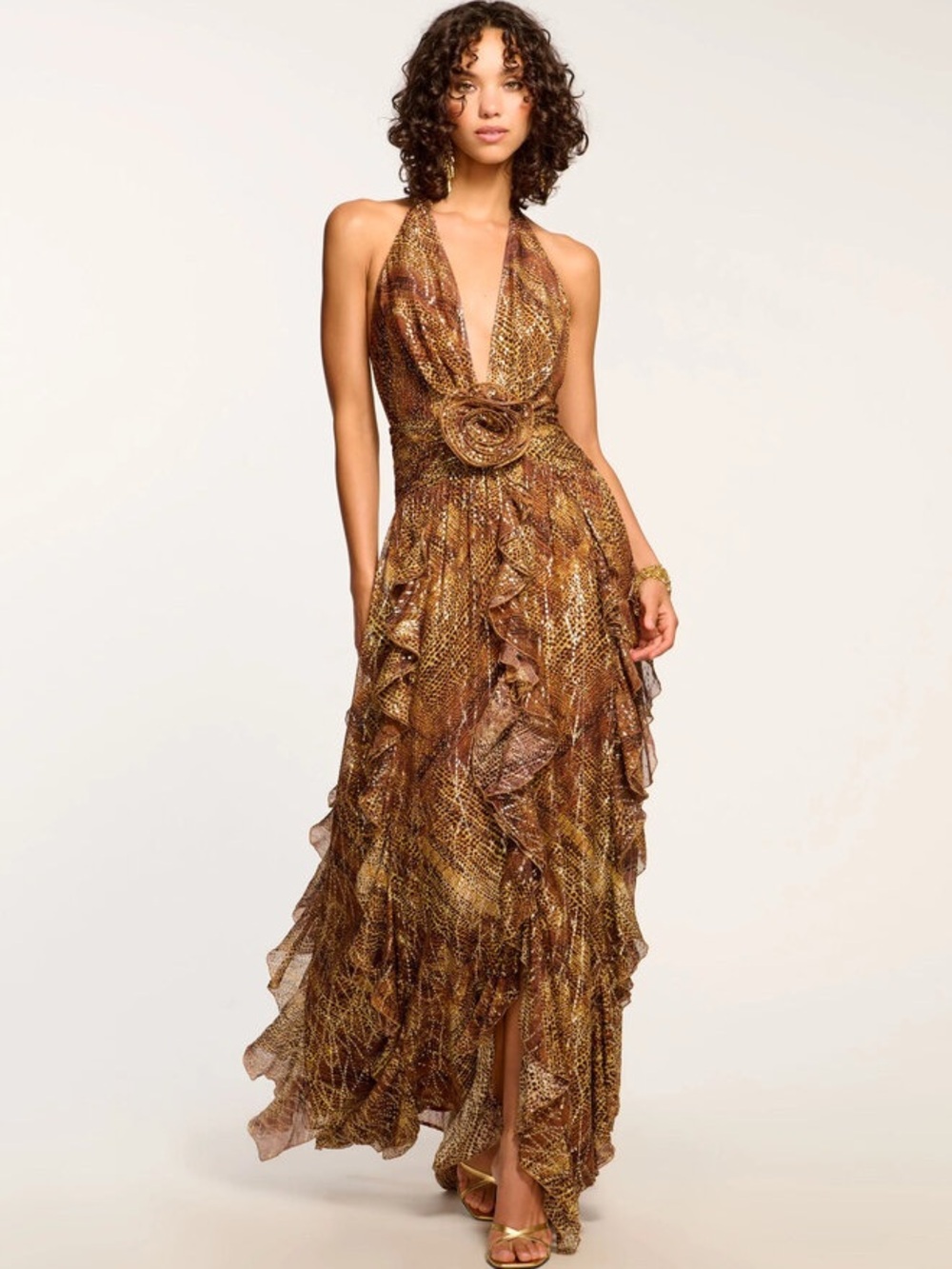 🆕 RAMY BROOK Emerance Ruffled Halterneck Snake Print Maxi Dress Sz 4